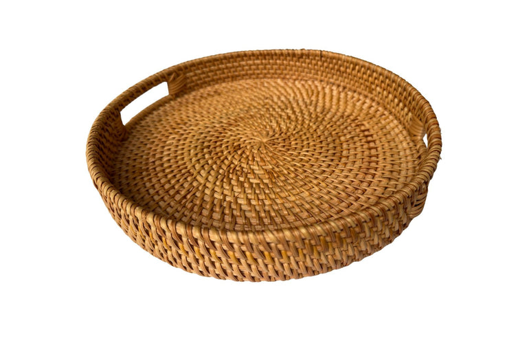 Round Rattan Serving Tray, Handwoven Natural Rattan Tray for Kitchen Table, Fruit Bread Display Tray,Rustic Home Decor Gift,Handmade Vietnam