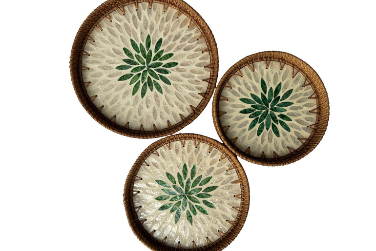 Round Mother of Pearl Inlay Rattan Tray, Handwoven Decorative Serving Tray, Natural Boho Coffee Table Accent 92