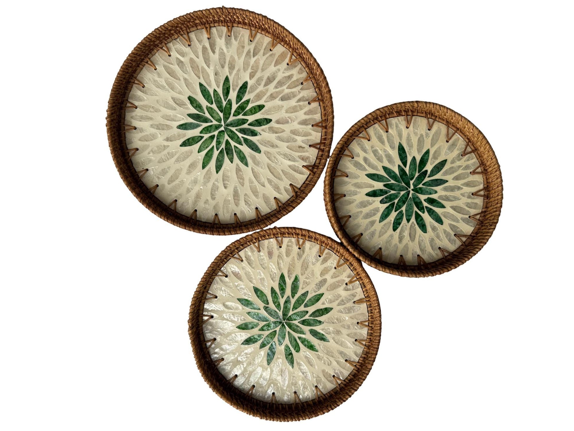 Round Mother of Pearl Inlay Rattan Tray, Handwoven Decorative Serving Tray, Natural Boho Coffee Table Accent 92