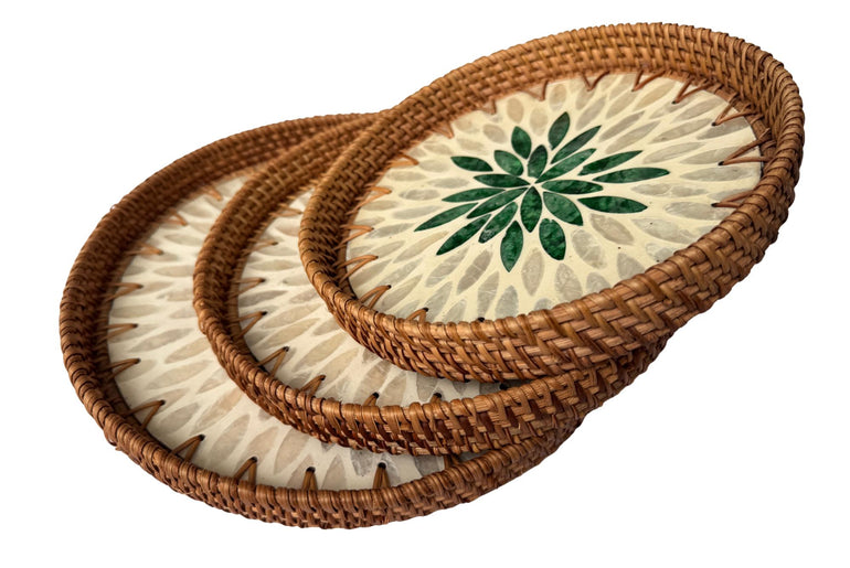 Round Mother of Pearl Inlay Rattan Tray, Handwoven Decorative Serving Tray, Natural Boho Coffee Table Accent 92