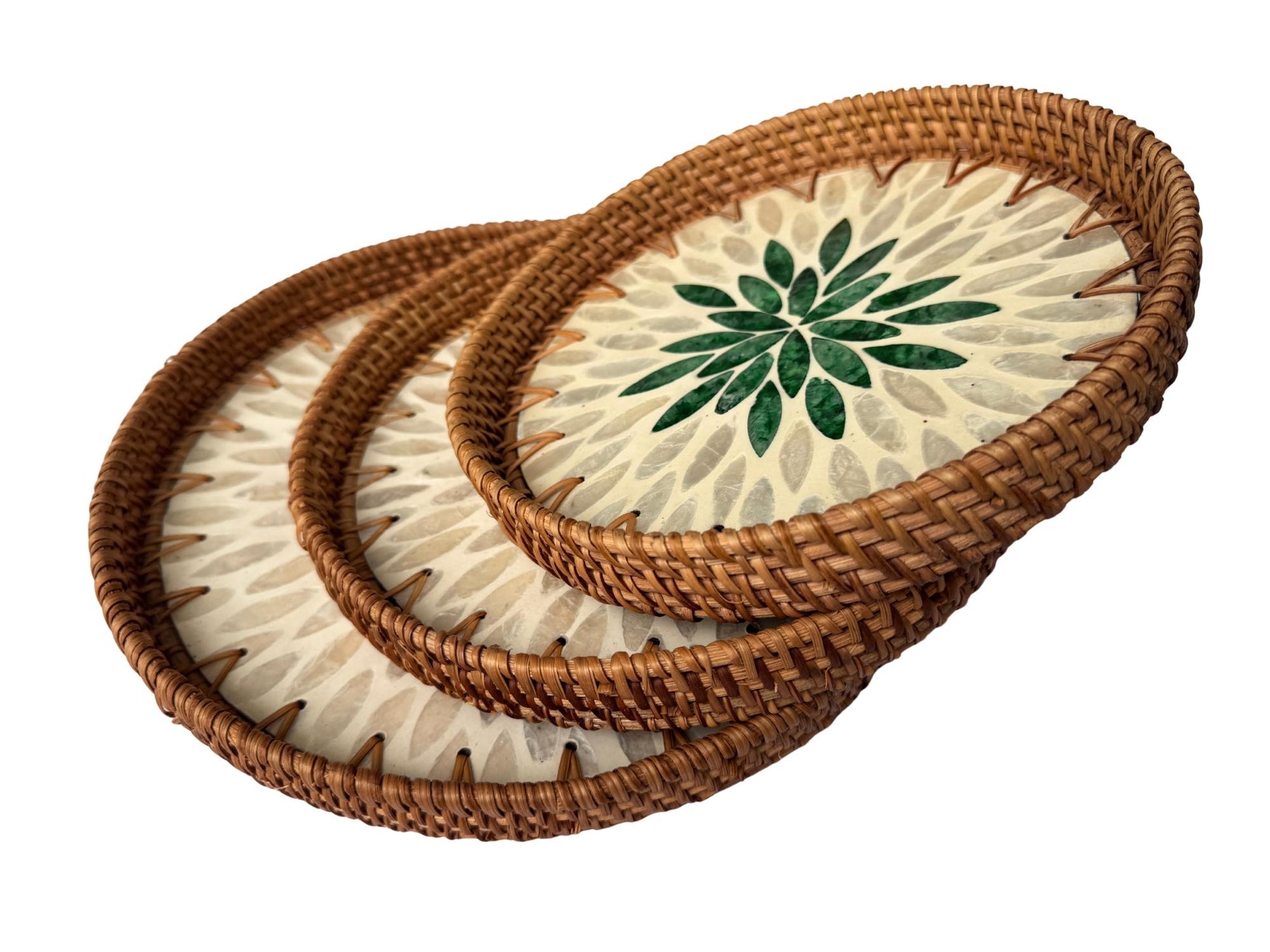 Round Mother of Pearl Inlay Rattan Tray, Handwoven Decorative Serving Tray, Natural Boho Coffee Table Accent 92