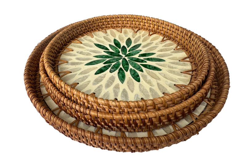 Round Mother of Pearl Inlay Rattan Tray, Handwoven Decorative Serving Tray, Natural Boho Coffee Table Accent 92