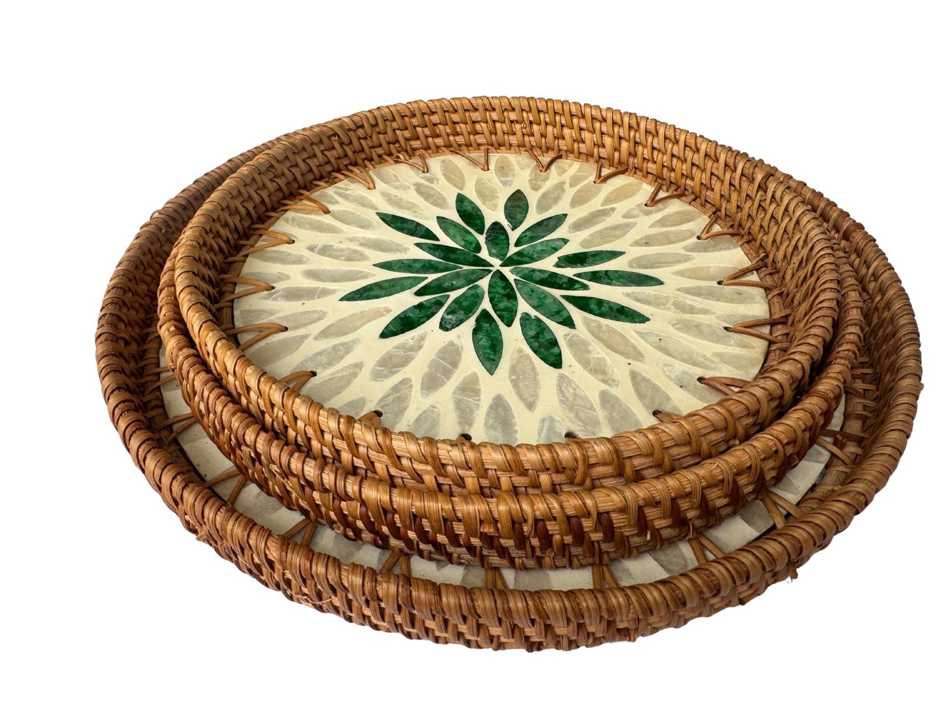 Round Mother of Pearl Inlay Rattan Tray, Handwoven Decorative Serving Tray, Natural Boho Coffee Table Accent 92