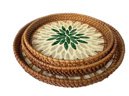Round Mother of Pearl Inlay Rattan Tray, Handwoven Decorative Serving Tray, Natural Boho Coffee Table Accent 92