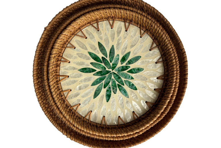 Round Mother of Pearl Inlay Rattan Tray, Handwoven Decorative Serving Tray, Natural Boho Coffee Table Accent 92