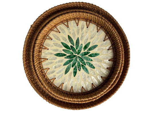 Round Mother of Pearl Inlay Rattan Tray, Handwoven Decorative Serving Tray, Natural Boho Coffee Table Accent 92