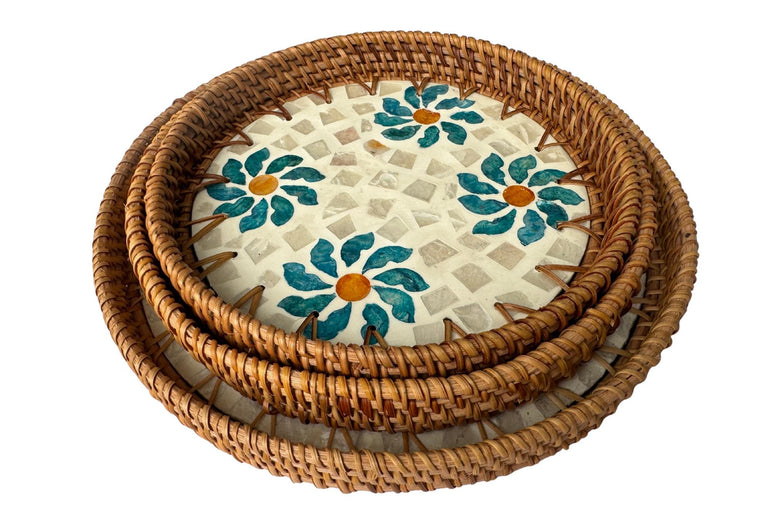 Round Mother of Pearl Inlay Rattan Tray, Handwoven Decorative Serving Tray, Natural Boho Coffee Table Accent 76