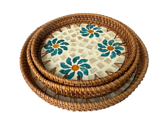 Round Mother of Pearl Inlay Rattan Tray, Handwoven Decorative Serving Tray, Natural Boho Coffee Table Accent 76