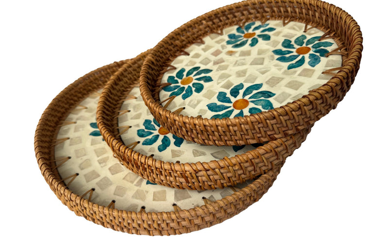 Round Mother of Pearl Inlay Rattan Tray, Handwoven Decorative Serving Tray, Natural Boho Coffee Table Accent 76