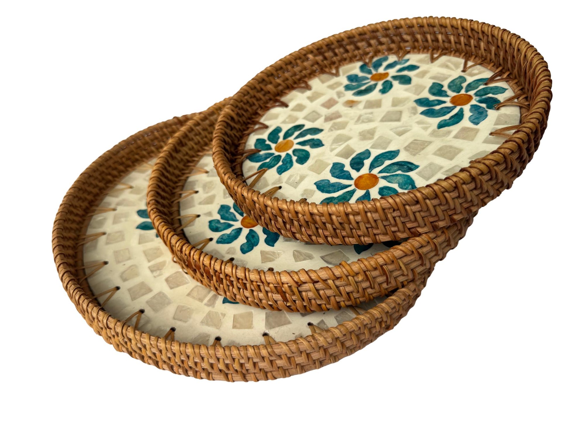 Round Mother of Pearl Inlay Rattan Tray, Handwoven Decorative Serving Tray, Natural Boho Coffee Table Accent 76