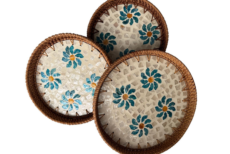 Round Mother of Pearl Inlay Rattan Tray, Handwoven Decorative Serving Tray, Natural Boho Coffee Table Accent 76