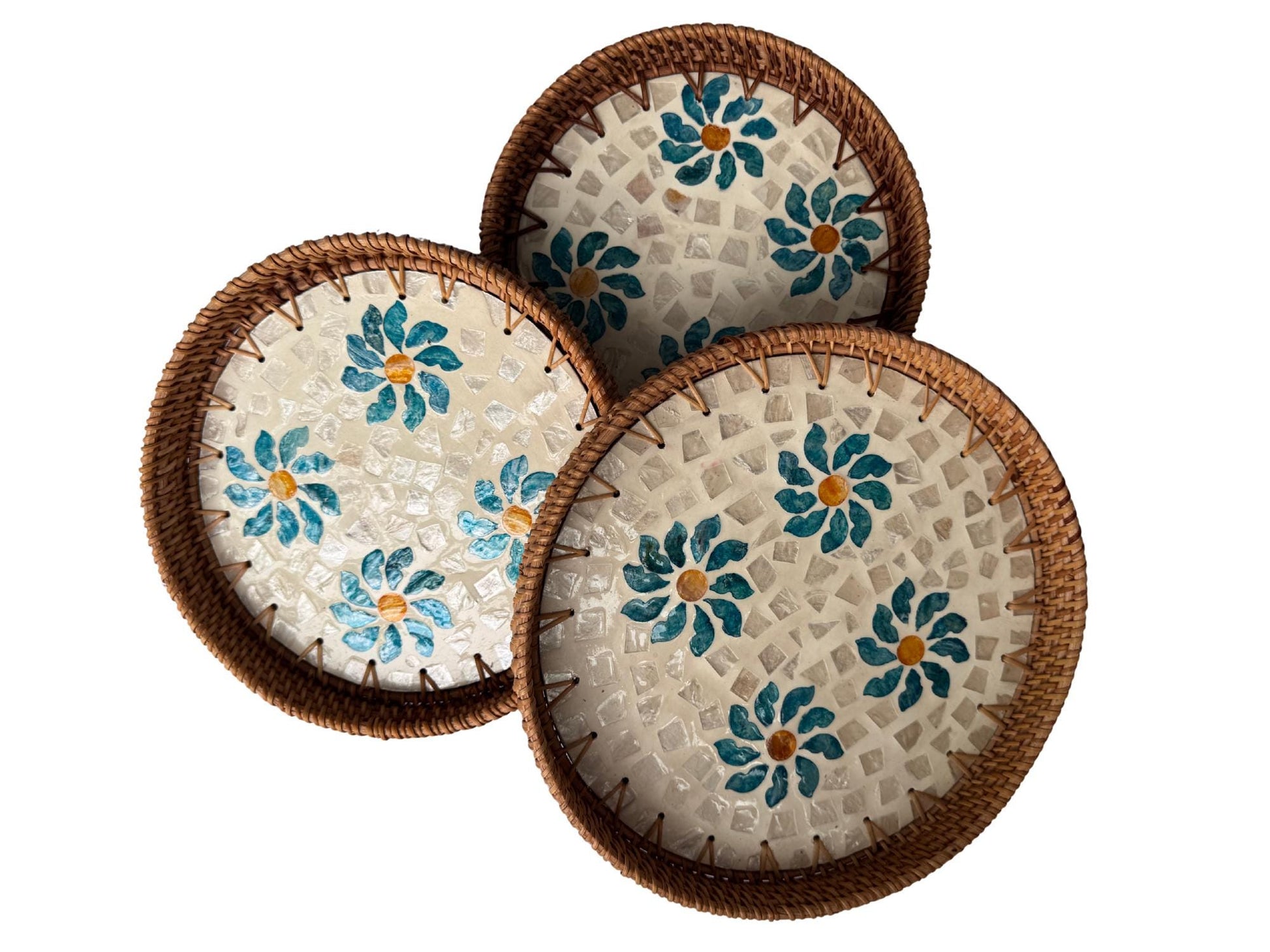 Round Mother of Pearl Inlay Rattan Tray, Handwoven Decorative Serving Tray, Natural Boho Coffee Table Accent 76