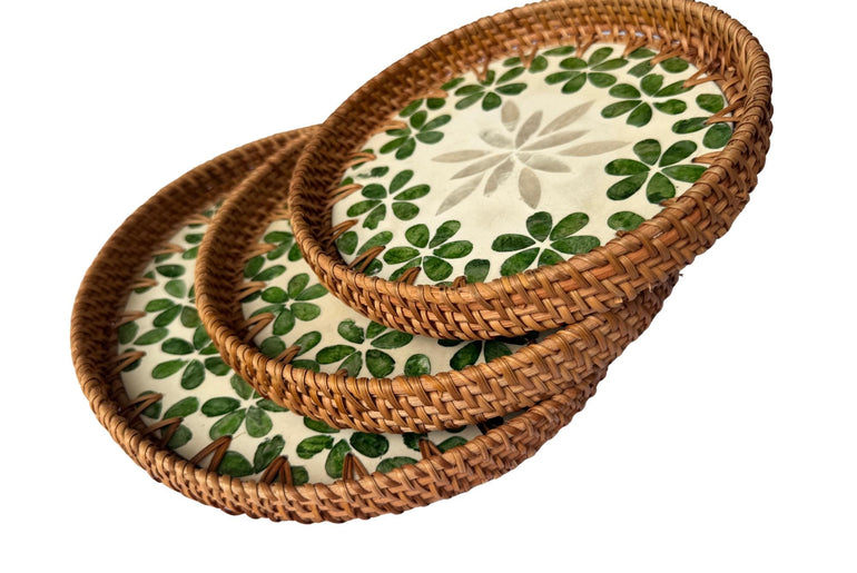 Round Mother of Pearl Inlay Rattan Tray, Handwoven Decorative Serving Tray, Natural Boho Coffee Table Accent 74