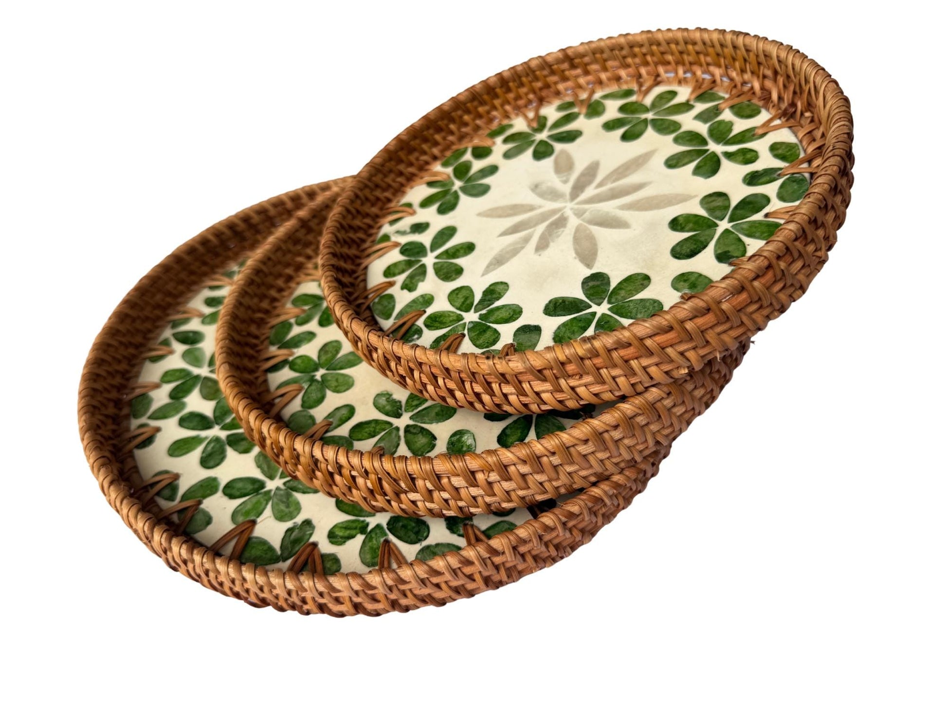 Round Mother of Pearl Inlay Rattan Tray, Handwoven Decorative Serving Tray, Natural Boho Coffee Table Accent 74