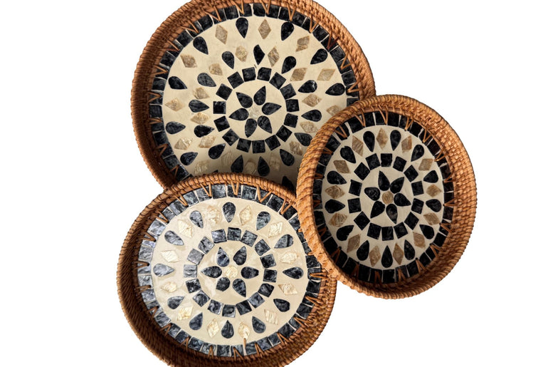 Round Mother of Pearl Inlay Rattan Tray, Handwoven Decorative Serving Tray, Natural Boho Coffee Table Accent 69