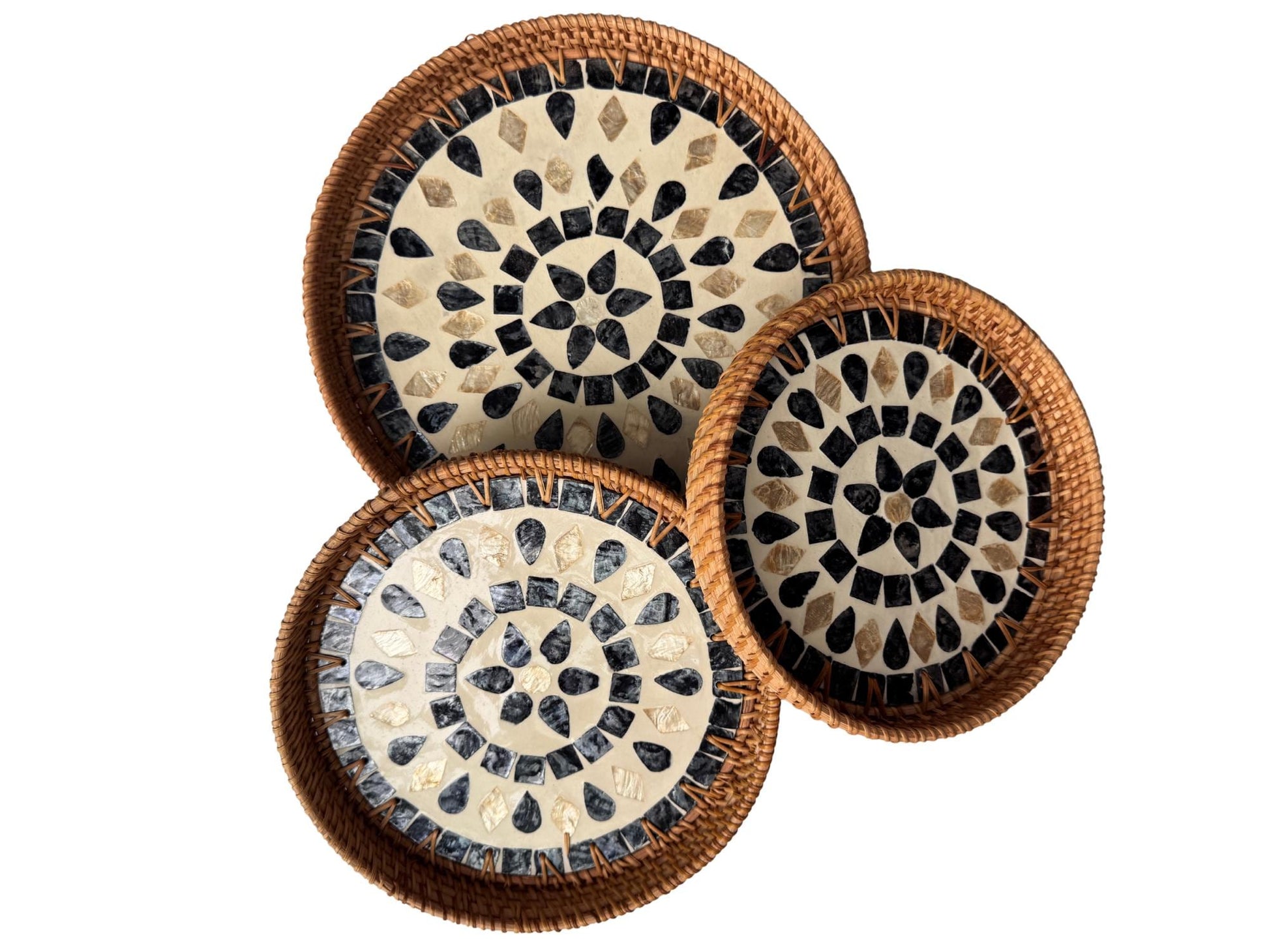 Round Mother of Pearl Inlay Rattan Tray, Handwoven Decorative Serving Tray, Natural Boho Coffee Table Accent 69