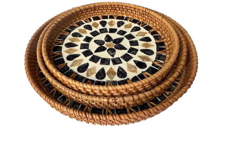 Round Mother of Pearl Inlay Rattan Tray, Handwoven Decorative Serving Tray, Natural Boho Coffee Table Accent 69