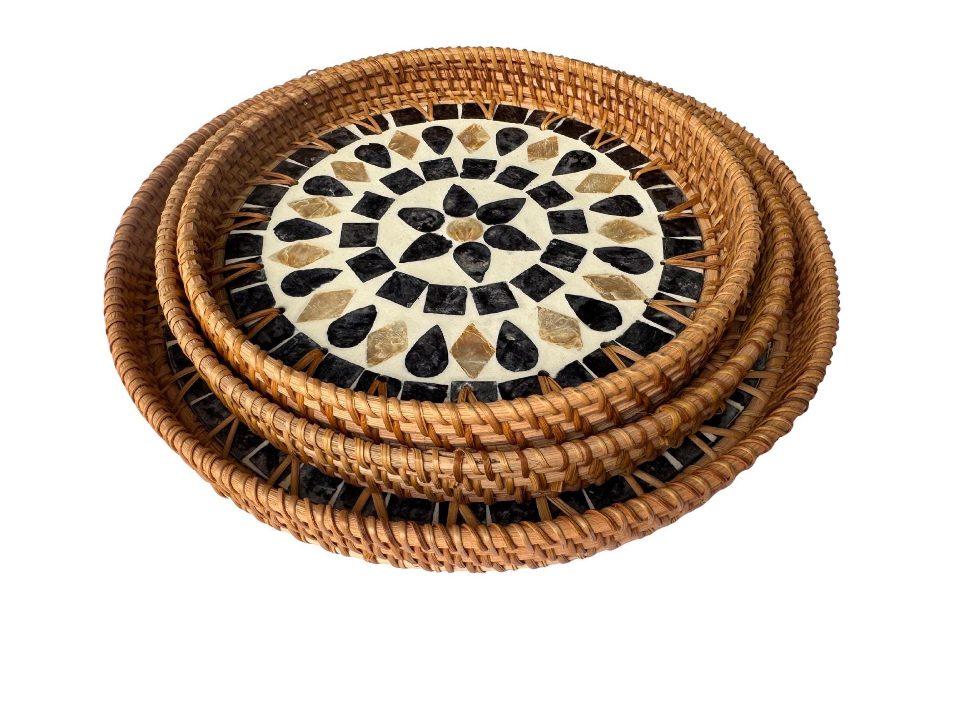Round Mother of Pearl Inlay Rattan Tray, Handwoven Decorative Serving Tray, Natural Boho Coffee Table Accent 69