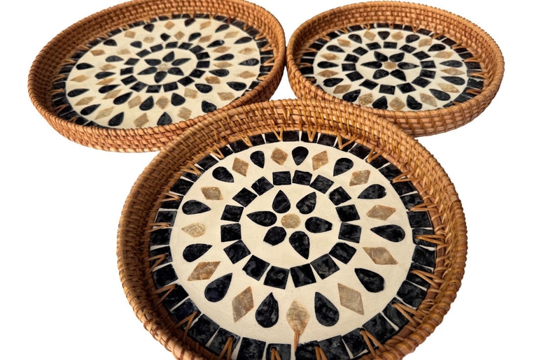 Round Mother of Pearl Inlay Rattan Tray, Handwoven Decorative Serving Tray, Natural Boho Coffee Table Accent 69