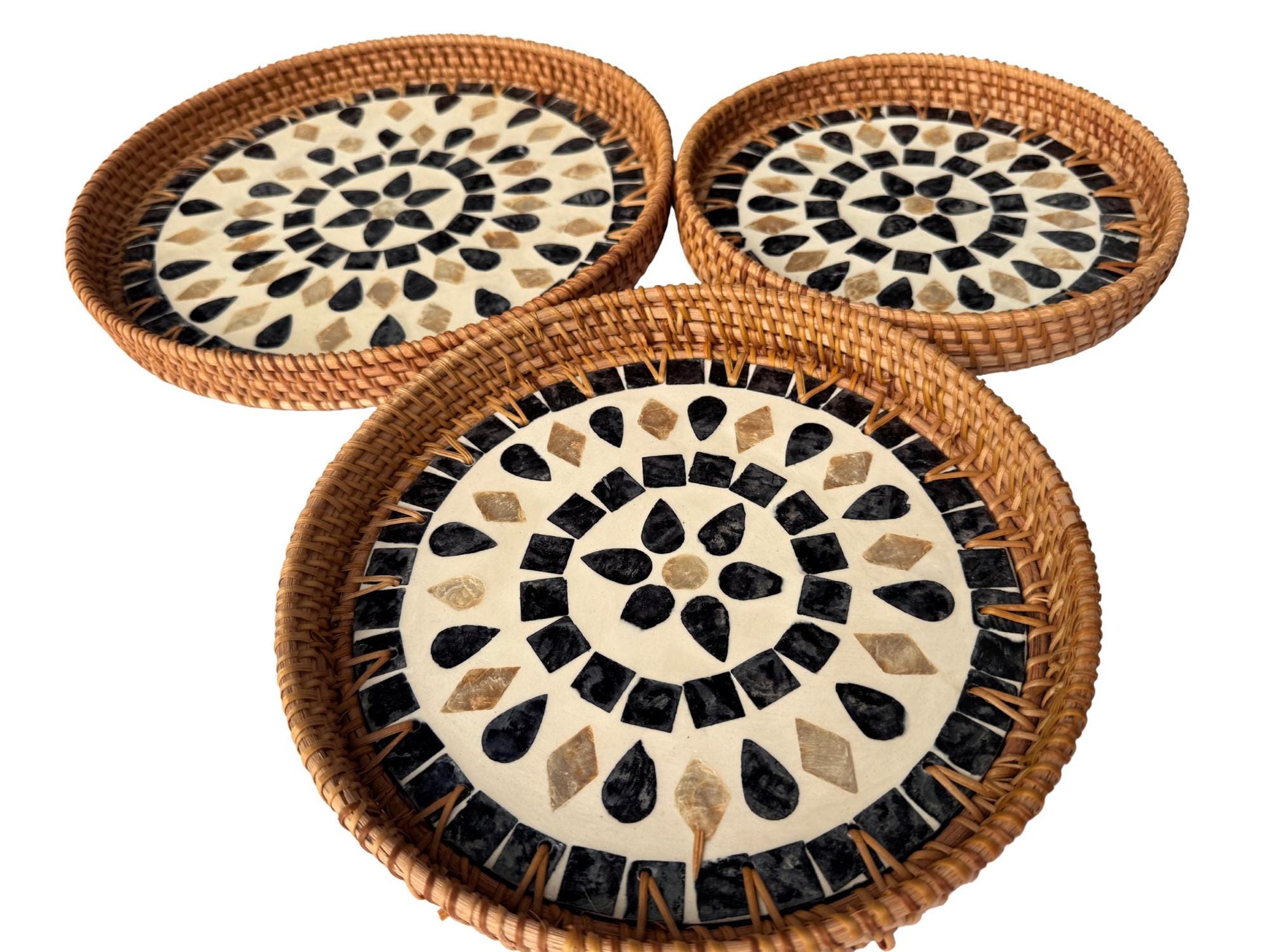 Round Mother of Pearl Inlay Rattan Tray, Handwoven Decorative Serving Tray, Natural Boho Coffee Table Accent 69