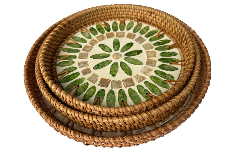 Round Mother of Pearl Inlay Rattan Tray, Handwoven Decorative Serving Tray, Natural Boho Coffee Table Accent 90
