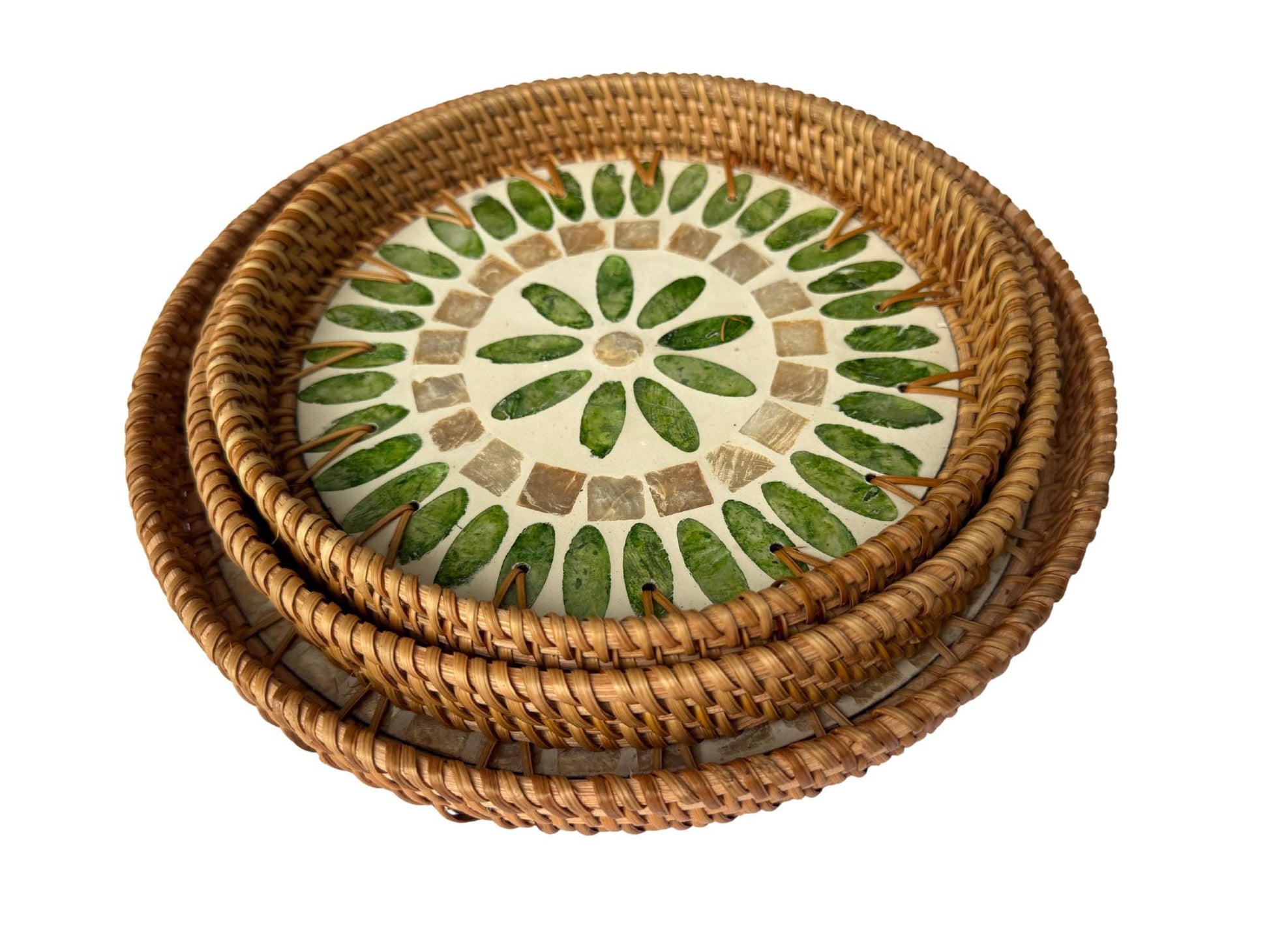 Round Mother of Pearl Inlay Rattan Tray, Handwoven Decorative Serving Tray, Natural Boho Coffee Table Accent 90