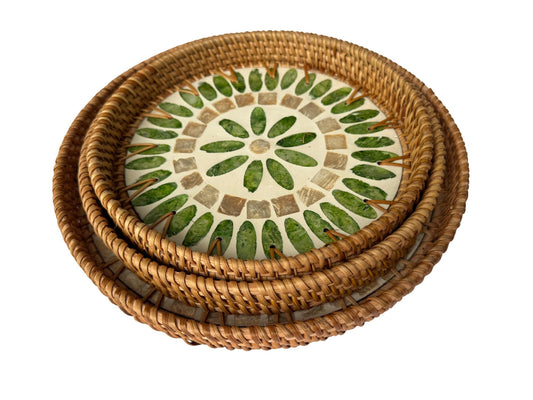 Round Mother of Pearl Inlay Rattan Tray, Handwoven Decorative Serving Tray, Natural Boho Coffee Table Accent 90