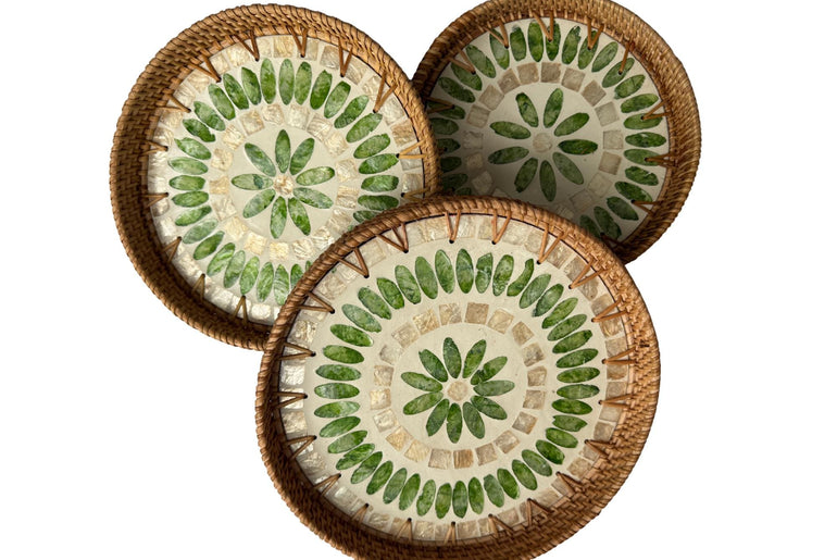 Round Mother of Pearl Inlay Rattan Tray, Handwoven Decorative Serving Tray, Natural Boho Coffee Table Accent 90