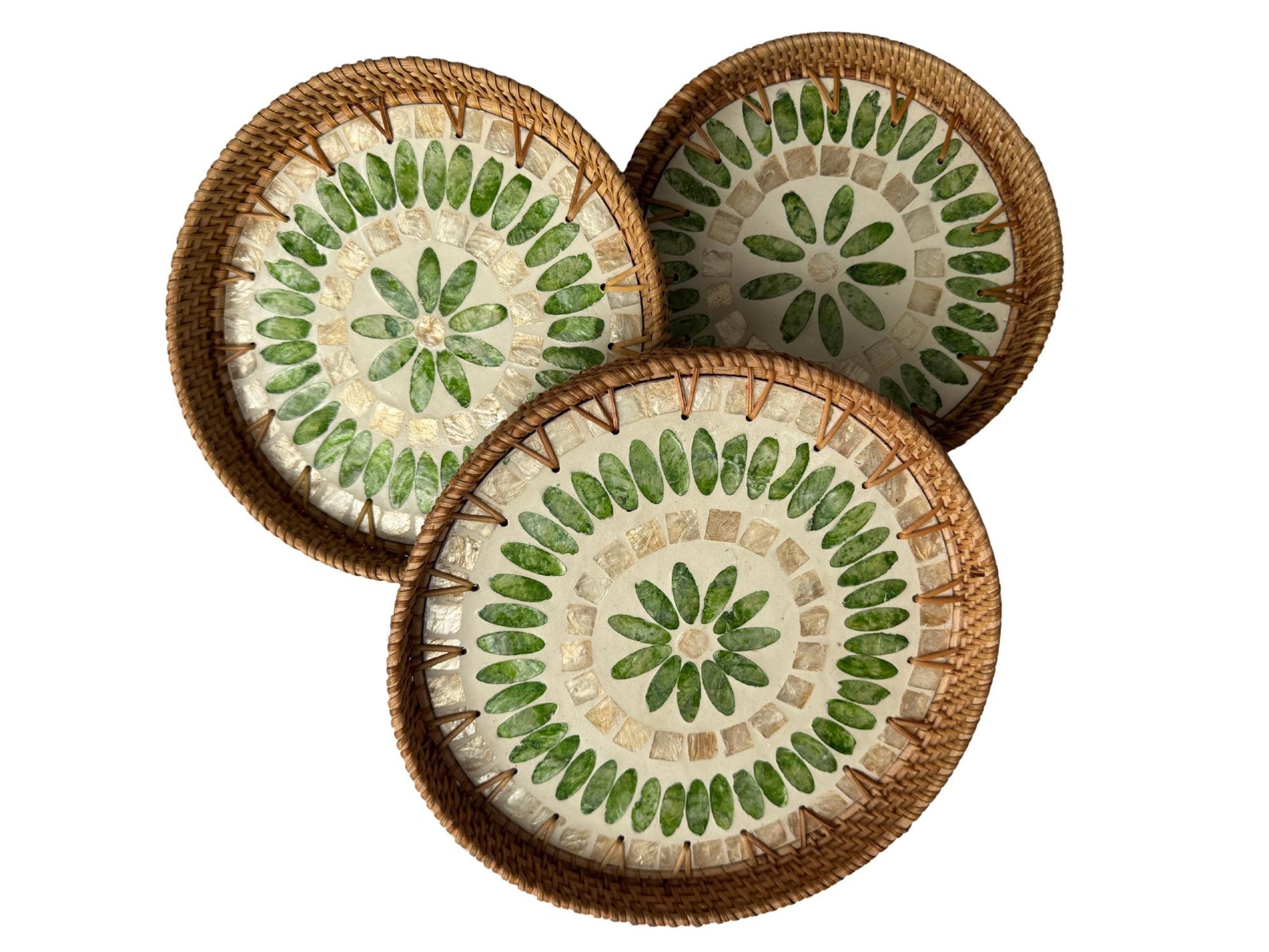 Round Mother of Pearl Inlay Rattan Tray, Handwoven Decorative Serving Tray, Natural Boho Coffee Table Accent 90