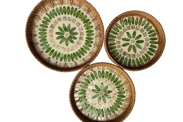 Round Mother of Pearl Inlay Rattan Tray, Handwoven Decorative Serving Tray, Natural Boho Coffee Table Accent 90