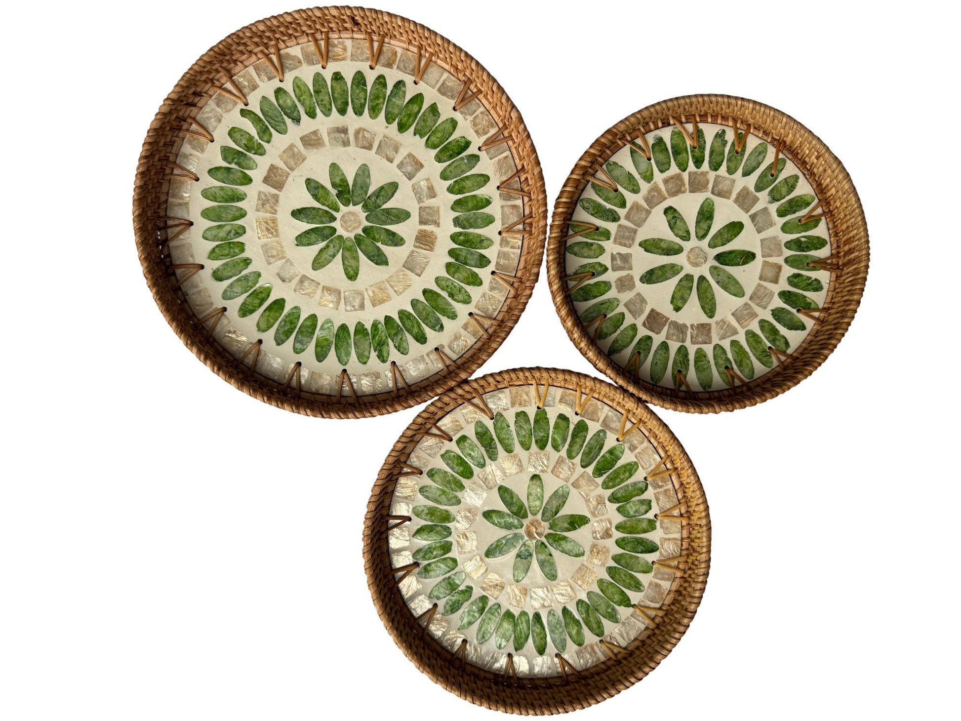 Round Mother of Pearl Inlay Rattan Tray, Handwoven Decorative Serving Tray, Natural Boho Coffee Table Accent 90