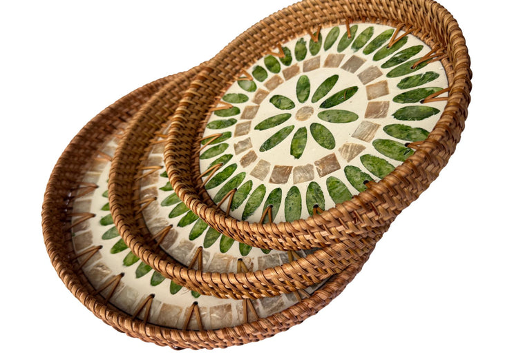 Round Mother of Pearl Inlay Rattan Tray, Handwoven Decorative Serving Tray, Natural Boho Coffee Table Accent 90