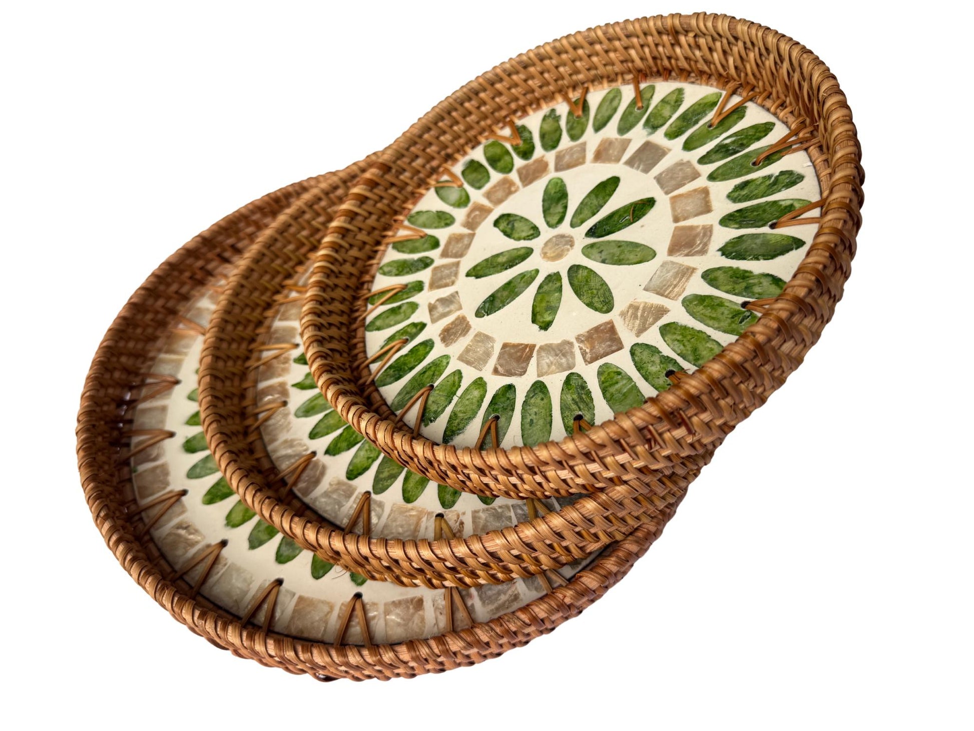 Round Mother of Pearl Inlay Rattan Tray, Handwoven Decorative Serving Tray, Natural Boho Coffee Table Accent 90