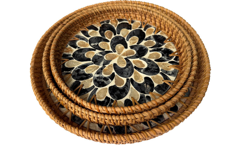 Round Mother of Pearl Inlay Rattan Tray, Handwoven Decorative Serving Tray, Natural Boho Coffee Table Accent 116