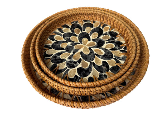 Round Mother of Pearl Inlay Rattan Tray, Handwoven Decorative Serving Tray, Natural Boho Coffee Table Accent 116