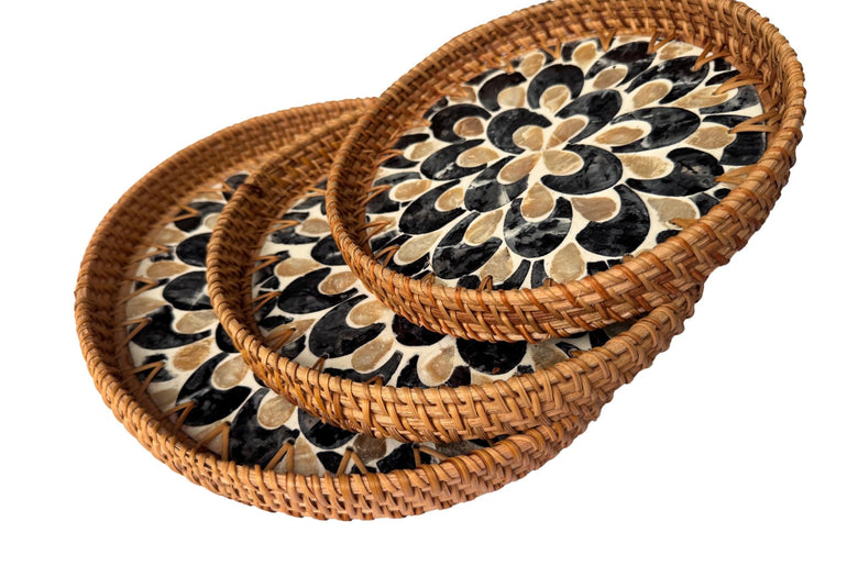 Round Mother of Pearl Inlay Rattan Tray, Handwoven Decorative Serving Tray, Natural Boho Coffee Table Accent 116