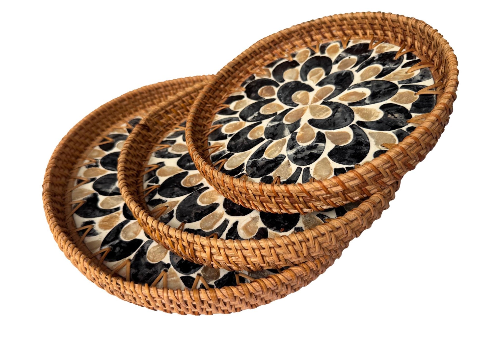 Round Mother of Pearl Inlay Rattan Tray, Handwoven Decorative Serving Tray, Natural Boho Coffee Table Accent 116