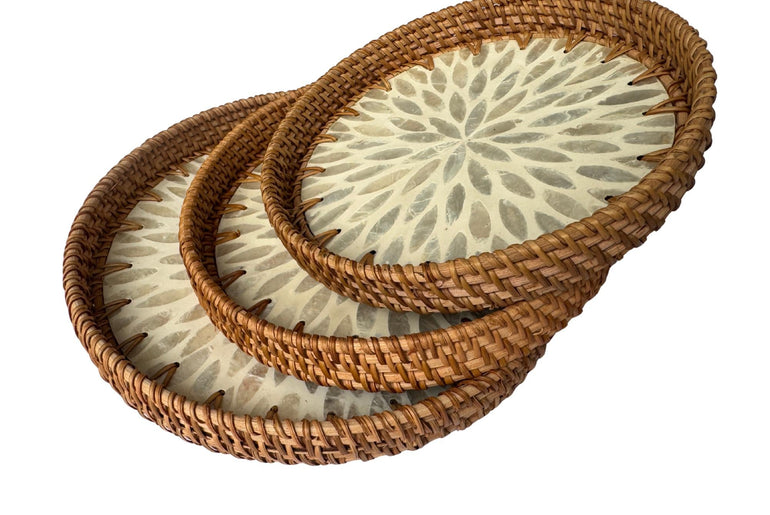 Round Mother of Pearl Inlay Rattan Tray, Handwoven Decorative Serving Tray, Natural Boho Coffee Table Accent 89