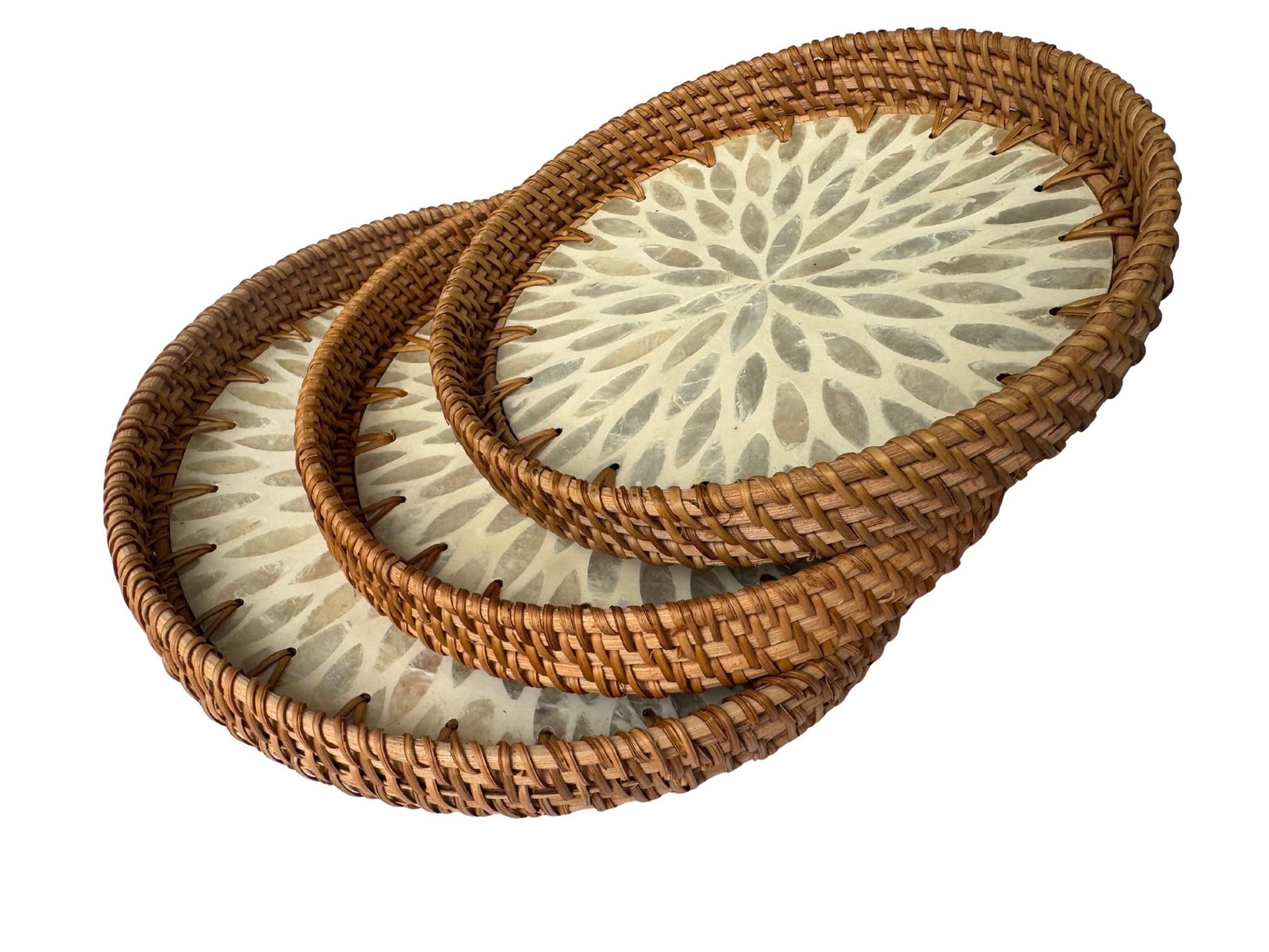 Round Mother of Pearl Inlay Rattan Tray, Handwoven Decorative Serving Tray, Natural Boho Coffee Table Accent 89