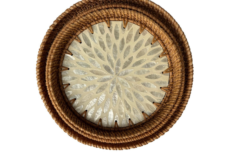 Round Mother of Pearl Inlay Rattan Tray, Handwoven Decorative Serving Tray, Natural Boho Coffee Table Accent 89