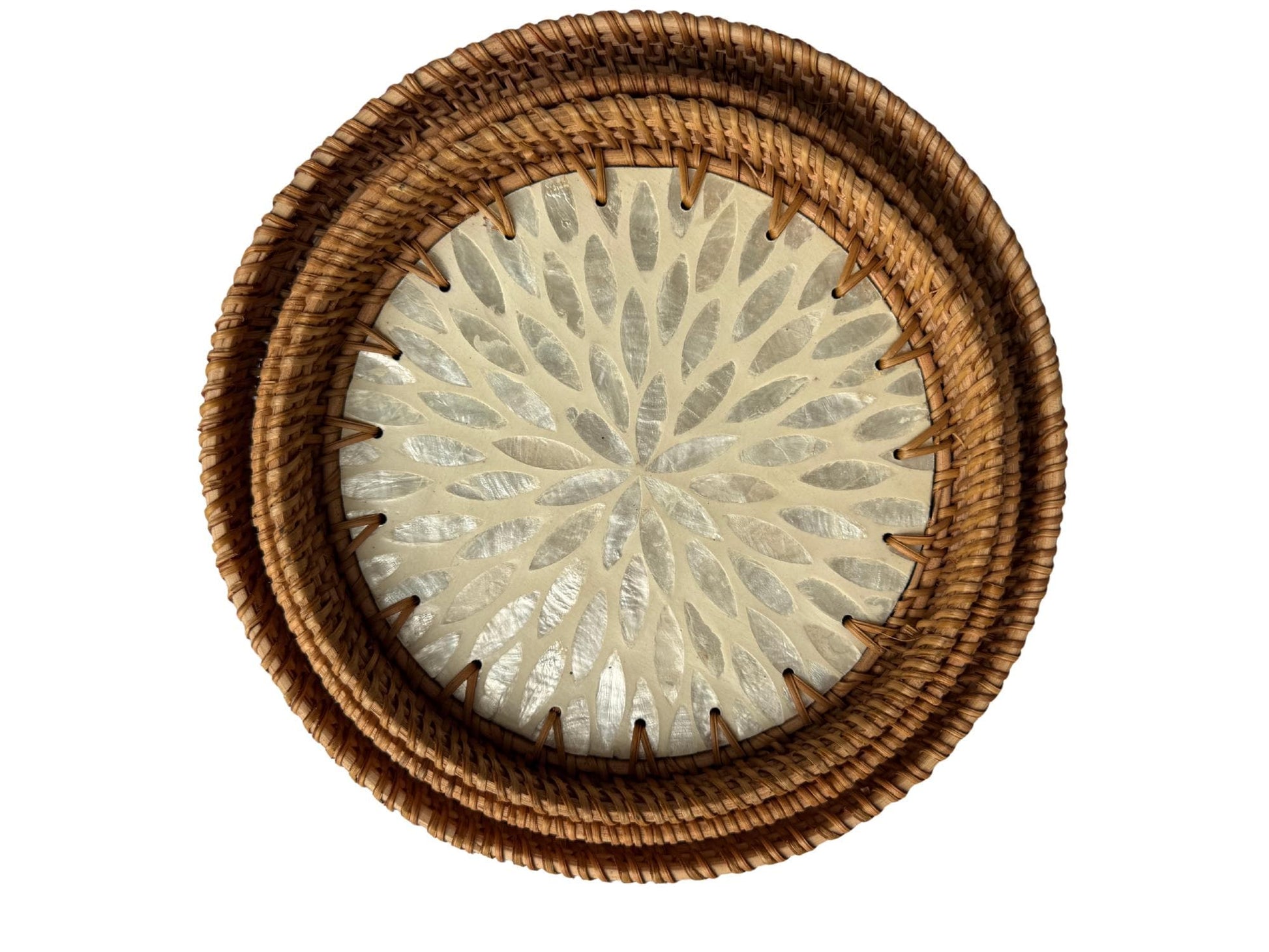 Round Mother of Pearl Inlay Rattan Tray, Handwoven Decorative Serving Tray, Natural Boho Coffee Table Accent 89