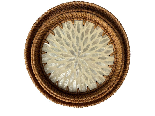 Round Mother of Pearl Inlay Rattan Tray, Handwoven Decorative Serving Tray, Natural Boho Coffee Table Accent 89