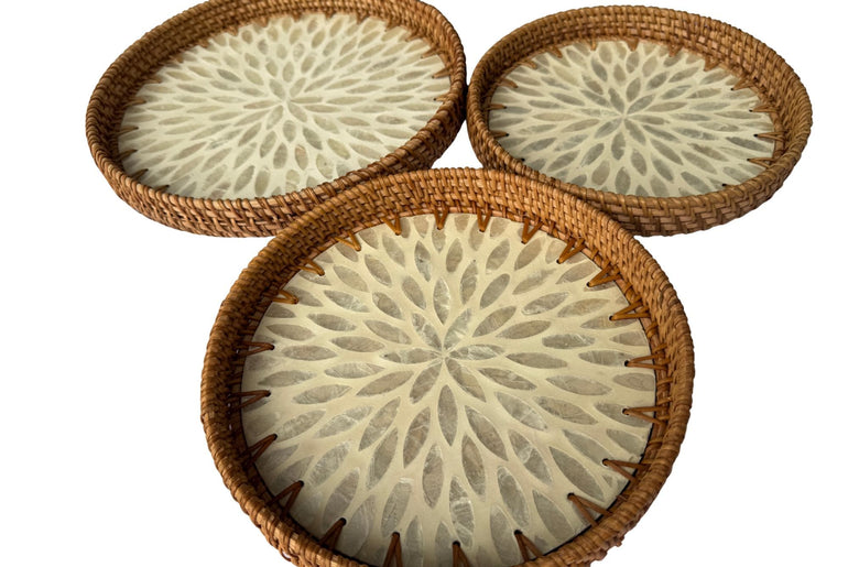 Round Mother of Pearl Inlay Rattan Tray, Handwoven Decorative Serving Tray, Natural Boho Coffee Table Accent 89