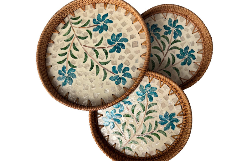 Round Mother of Pearl Inlay Rattan Tray, Handwoven Decorative Serving Tray, Natural Boho Coffee Table Accent 73