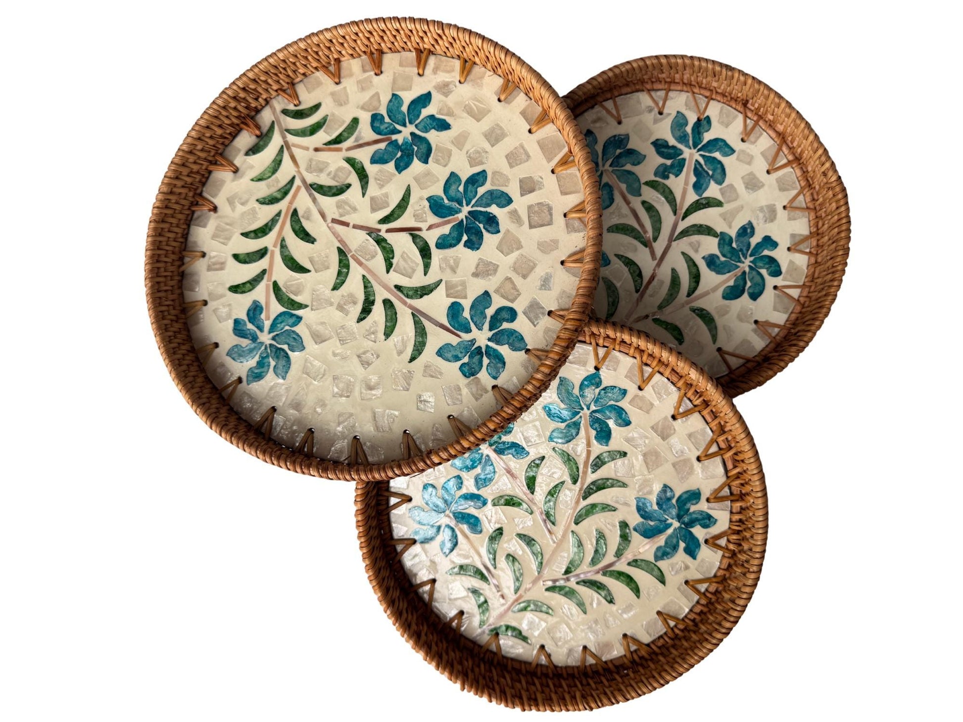 Round Mother of Pearl Inlay Rattan Tray, Handwoven Decorative Serving Tray, Natural Boho Coffee Table Accent 73