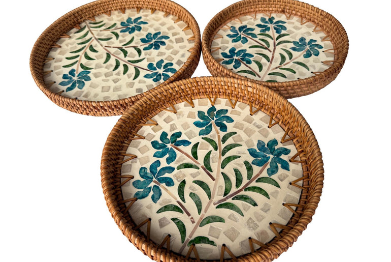 Round Mother of Pearl Inlay Rattan Tray, Handwoven Decorative Serving Tray, Natural Boho Coffee Table Accent 73