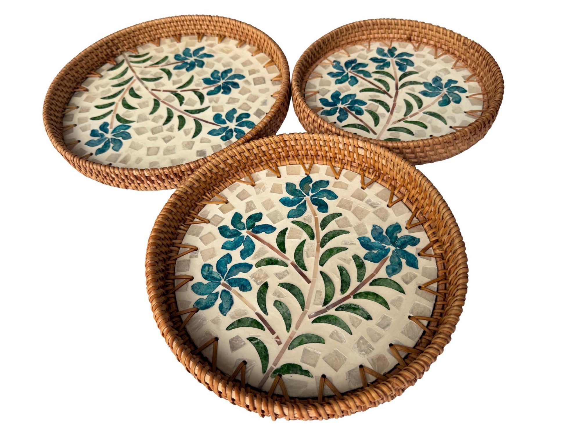 Round Mother of Pearl Inlay Rattan Tray, Handwoven Decorative Serving Tray, Natural Boho Coffee Table Accent 73