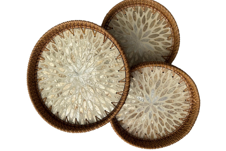 Round Mother of Pearl Inlay Rattan Tray, Handwoven Decorative Serving Tray, Natural Boho Coffee Table Accent 72