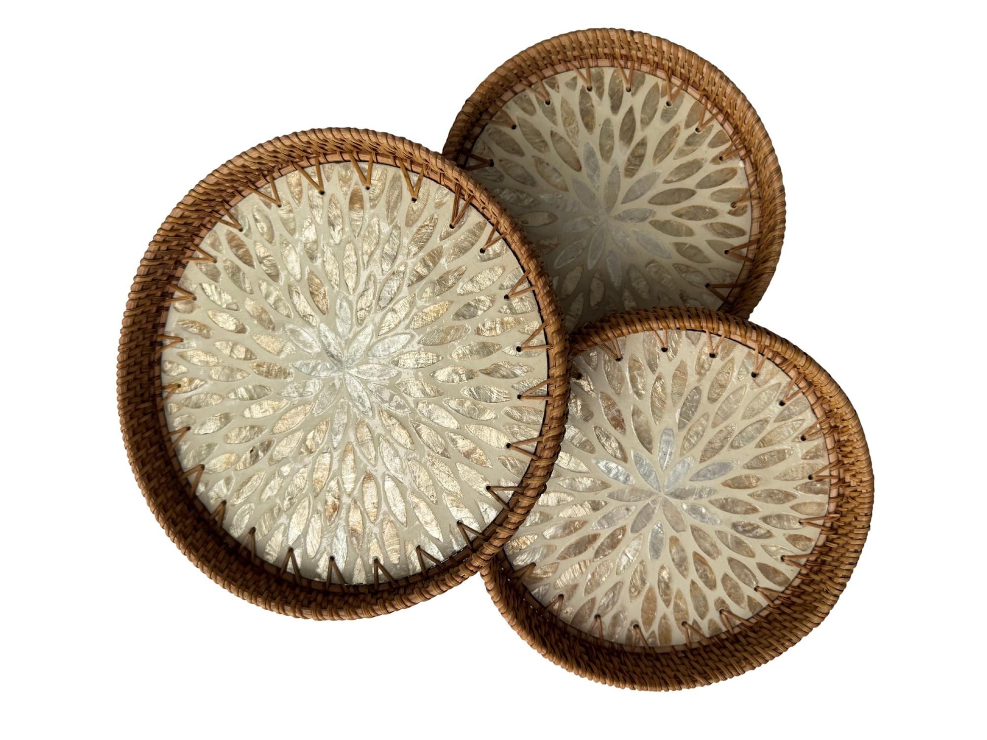 Round Mother of Pearl Inlay Rattan Tray, Handwoven Decorative Serving Tray, Natural Boho Coffee Table Accent 72
