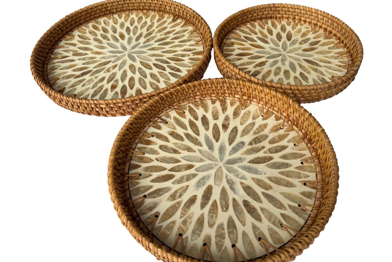 Round Mother of Pearl Inlay Rattan Tray, Handwoven Decorative Serving Tray, Natural Boho Coffee Table Accent 72